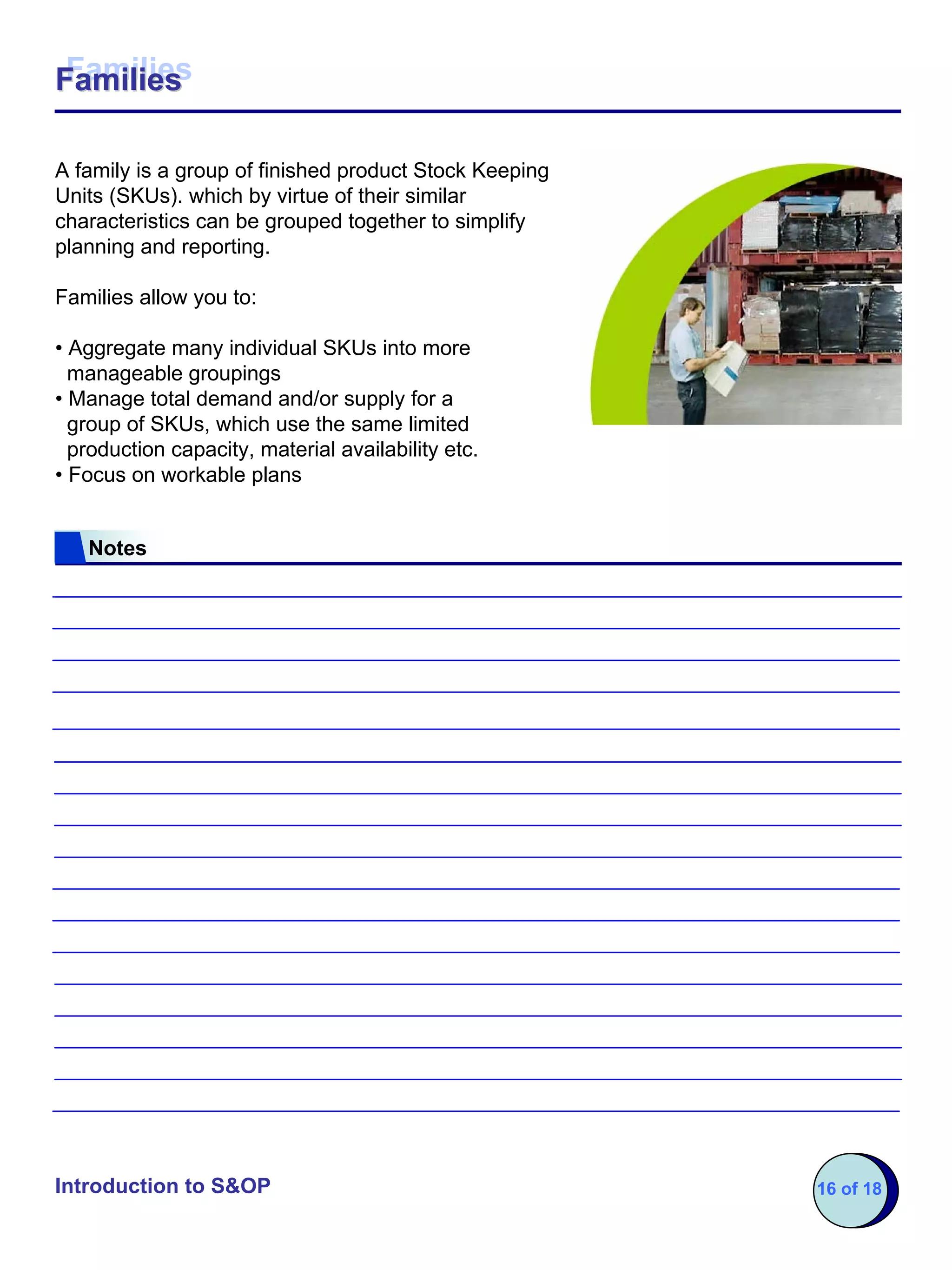 Families
Families

A family is a group of finished product Stock Keeping
Units (SKUs). which by virtue of their similar
characteristics can be grouped together to simplify
planning and reporting.

Families allow you to:

• Aggregate many individual SKUs into more
  manageable groupings
• Manage total demand and/or supply for a
  group of SKUs, which use the same limited
  production capacity, material availability etc.
• Focus on workable plans


   Notes




Introduction to S&OP                                    16 of 18
 
