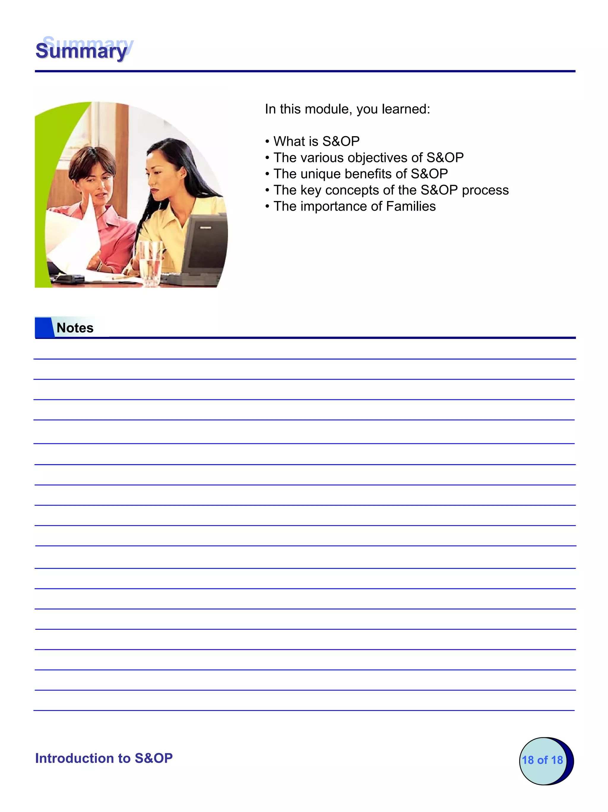Summary
Summary

                       In this module, you learned:

                       • What is S&OP
                       • The various objectives of S&OP
                       • The unique benefits of S&OP
                       • The key concepts of the S&OP process
                       • The importance of Families




   Notes




Introduction to S&OP                                            18 of 18
 