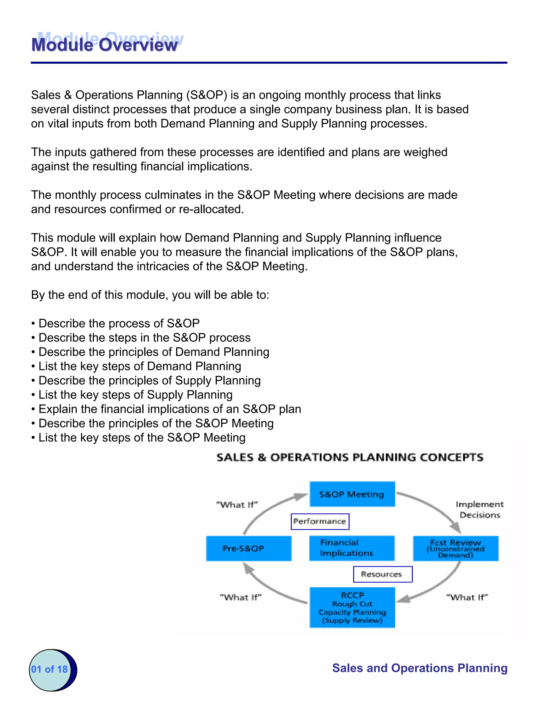 Module Overview
Module Overview

Sales & Operations Planning (S&OP) is an ongoing monthly process that links
several distinct processes that produce a single company business plan. It is based
on vital inputs from both Demand Planning and Supply Planning processes.

The inputs gathered from these processes are identified and plans are weighed
against the resulting financial implications.

The monthly process culminates in the S&OP Meeting where decisions are made
and resources confirmed or re-allocated.

This module will explain how Demand Planning and Supply Planning influence
S&OP. It will enable you to measure the financial implications of the S&OP plans,
and understand the intricacies of the S&OP Meeting.

By the end of this module, you will be able to:

• Describe the process of S&OP
• Describe the steps in the S&OP process
• Describe the principles of Demand Planning
• List the key steps of Demand Planning
• Describe the principles of Supply Planning
• List the key steps of Supply Planning
• Explain the financial implications of an S&OP plan
• Describe the principles of the S&OP Meeting
• List the key steps of the S&OP Meeting




01 of 18                                                 Sales and Operations Planning
 