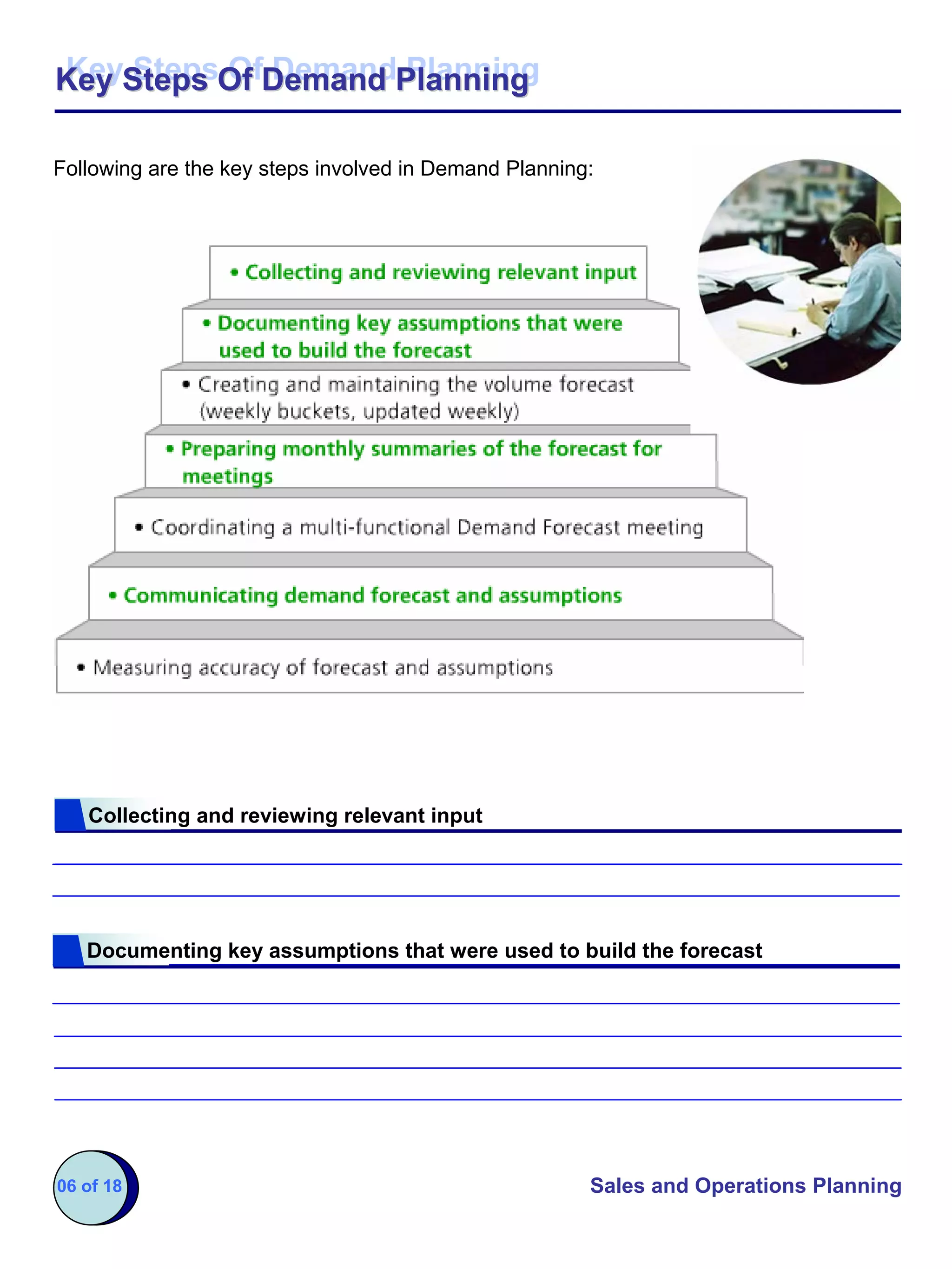 Key Steps Of Demand Planning
Key Steps Of Demand Planning

Following are the key steps involved in Demand Planning:




   Collecting and reviewing relevant input




   Documenting key assumptions that were used to build the forecast




06 of 18                                               Sales and Operations Planning
 