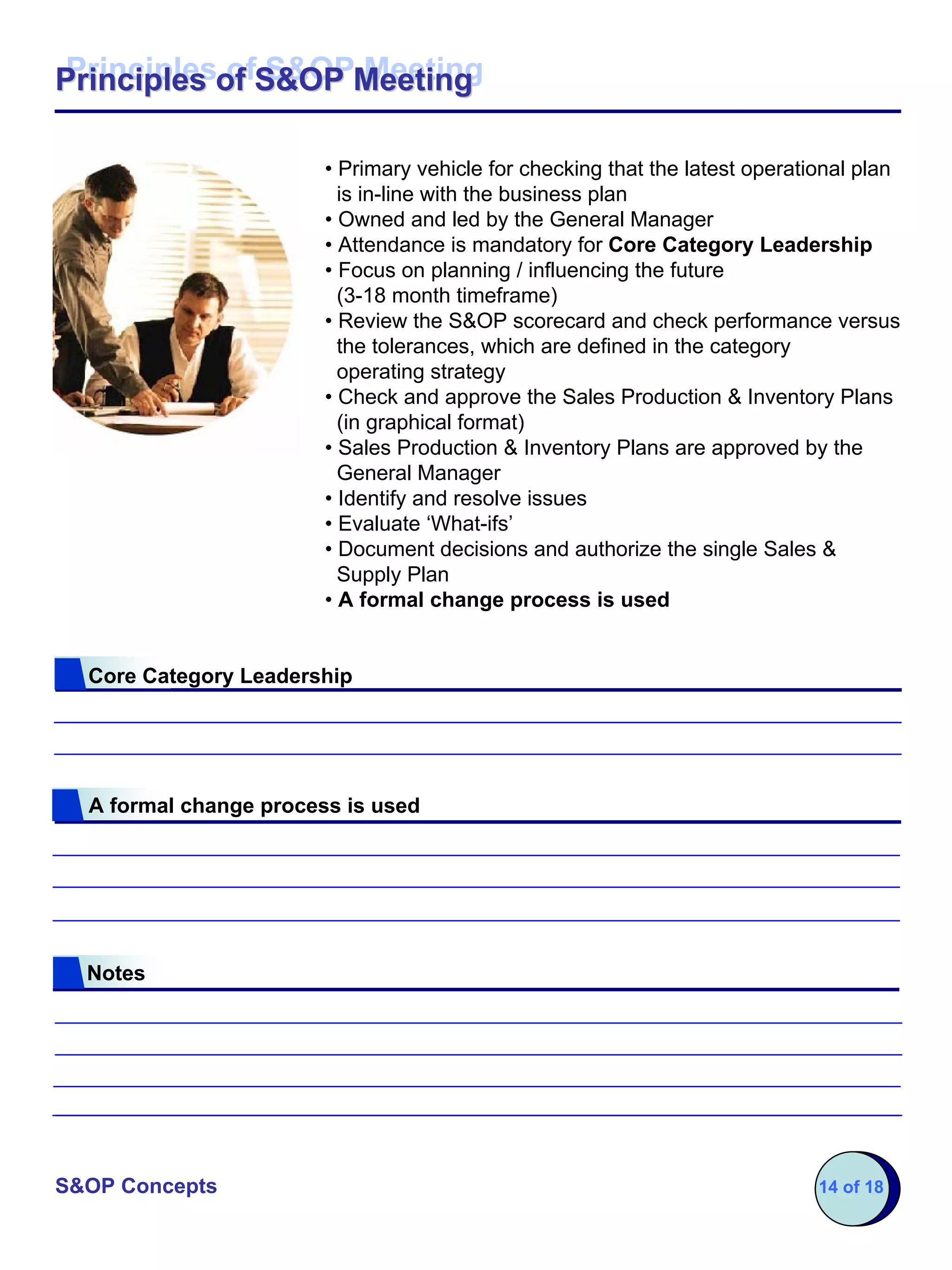 Principles of S&OP Meeting
Principles of S&OP Meeting

                        • Primary vehicle for checking that the latest operational plan
                          is in-line with the business plan
                        • Owned and led by the General Manager
                        • Attendance is mandatory for Core Category Leadership
                        • Focus on planning / influencing the future
                          (3-18 month timeframe)
                        • Review the S&OP scorecard and check performance versus
                          the tolerances, which are defined in the category
                          operating strategy
                        • Check and approve the Sales Production & Inventory Plans
                          (in graphical format)
                        • Sales Production & Inventory Plans are approved by the
                          General Manager
                        • Identify and resolve issues
                        • Evaluate ‘What-ifs’
                        • Document decisions and authorize the single Sales &
                          Supply Plan
                        • A formal change process is used


  Core Category Leadership




  A formal change process is used




  Notes




S&OP Concepts                                                                 14 of 18
 