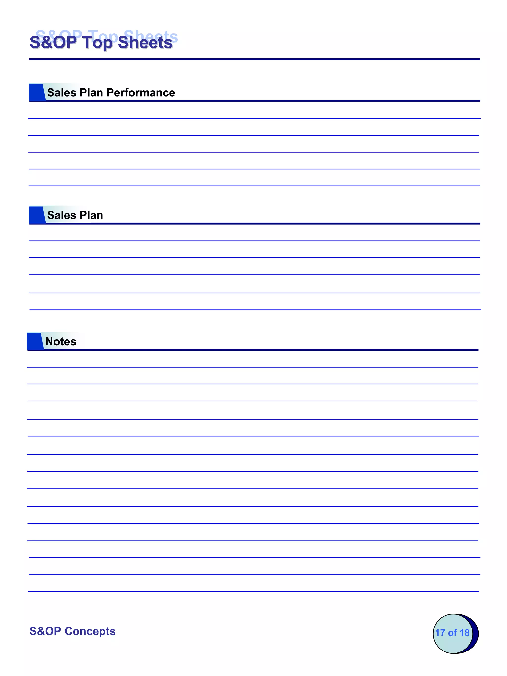 S&OP Top Sheets
S&OP Top Sheets

  Sales Plan Performance




  Sales Plan




  Notes




S&OP Concepts              17 of 18
 