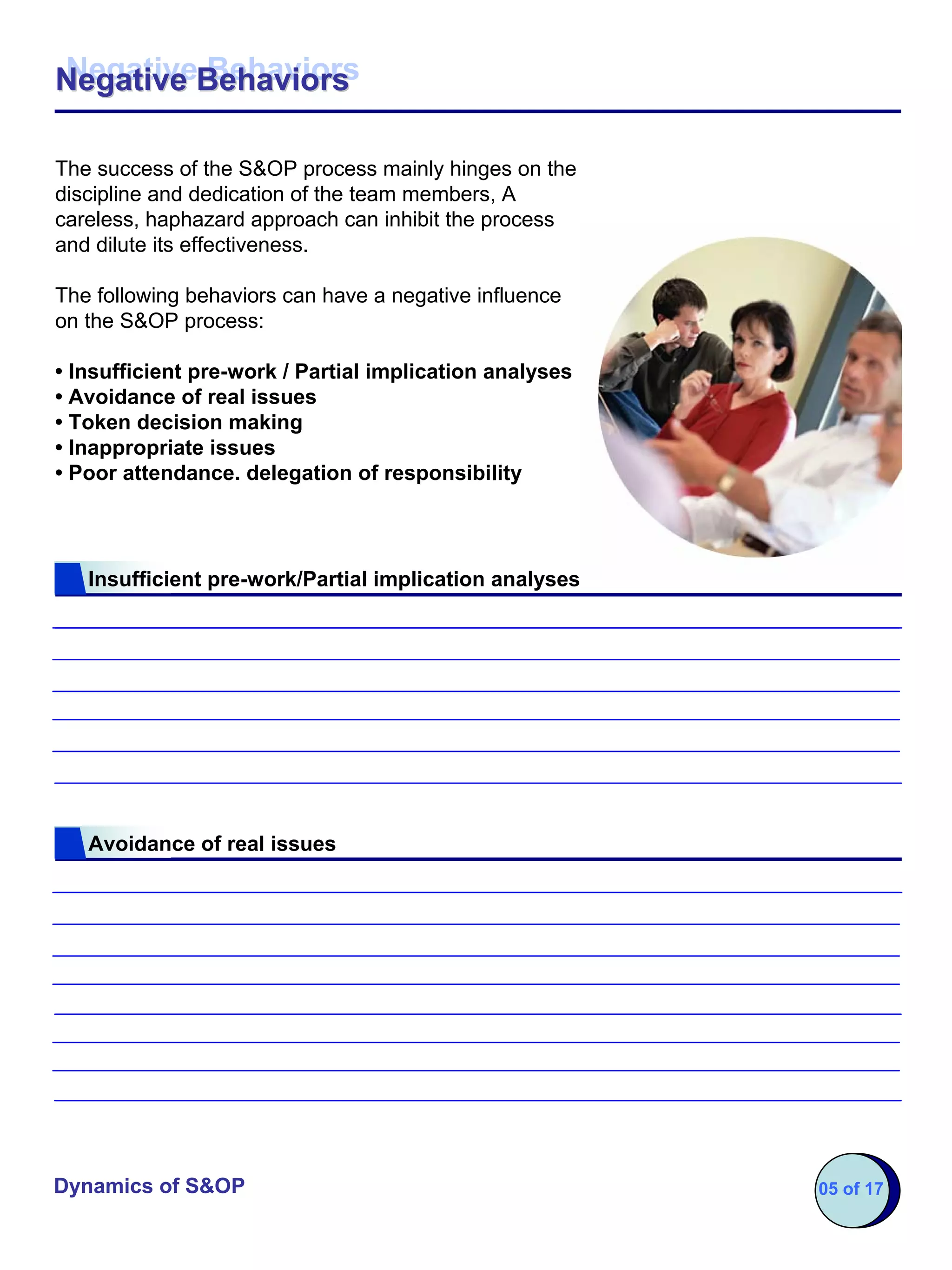 Negative Behaviors
Negative Behaviors

The success of the S&OP process mainly hinges on the
discipline and dedication of the team members, A
careless, haphazard approach can inhibit the process
and dilute its effectiveness.

The following behaviors can have a negative influence
on the S&OP process:

• Insufficient pre-work / Partial implication analyses
• Avoidance of real issues
• Token decision making
• Inappropriate issues
• Poor attendance. delegation of responsibility




   Insufficient pre-work/Partial implication analyses




   Avoidance of real issues




Dynamics of S&OP                                         05 of 17
 