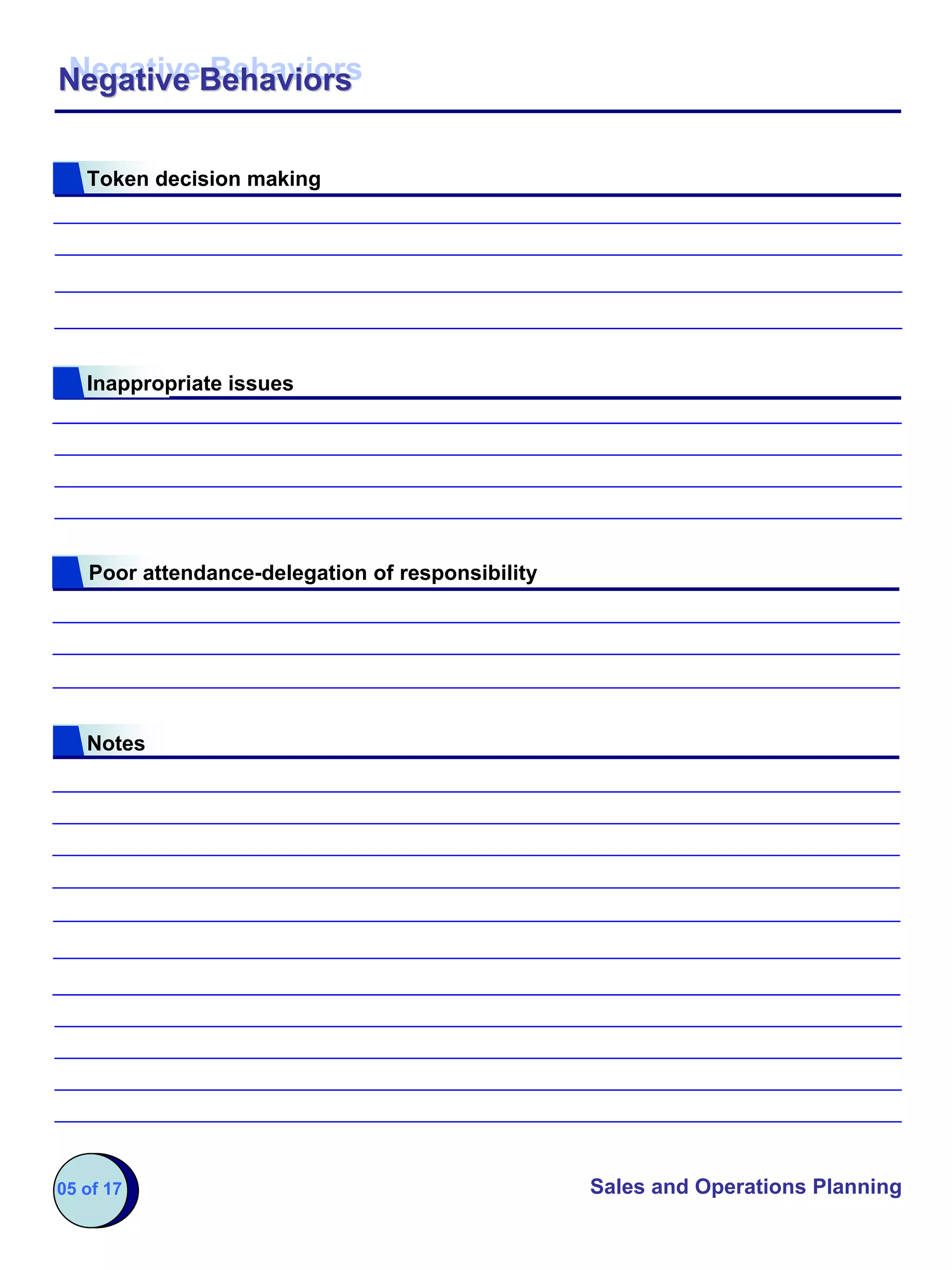 Negative Behaviors
Negative Behaviors


   Token decision making




   Inappropriate issues




   Poor attendance-delegation of responsibility




   Notes




05 of 17                                          Sales and Operations Planning
 