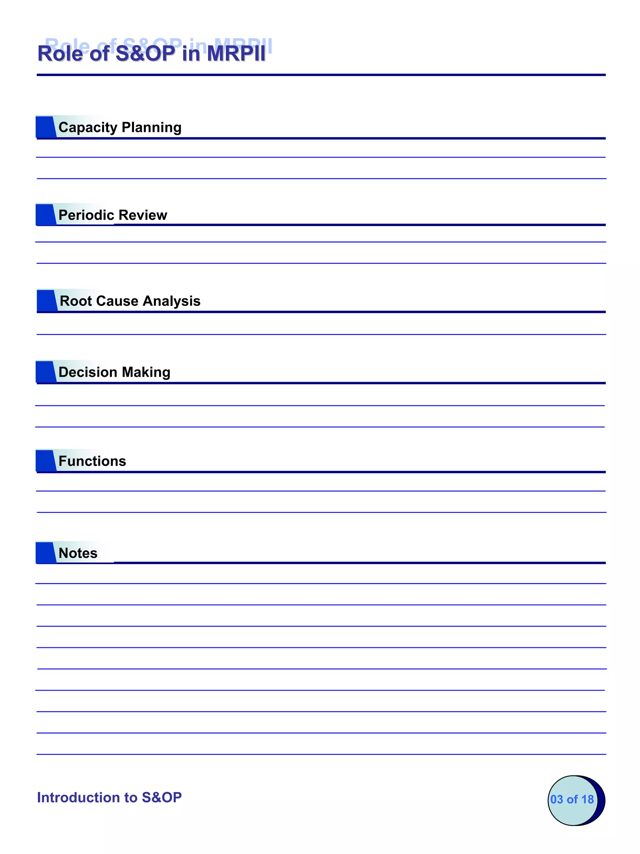 Role of S&OP in MRPII
Role of S&OP in MRPII


  Capacity Planning




  Periodic Review




   Root Cause Analysis




  Decision Making




  Functions




  Notes




Introduction to S&OP     03 of 18
 
