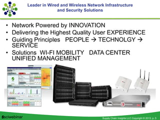 Supply Chain Insights LLC Copyright © 2013, p. 5#sciwebinar
• Network Powered by INNOVATION
• Delivering the Highest Quality User EXPERIENCE
• Guiding Principles PEOPLE  TECHNOLGY 
SERVICE
• Solutions WI-FI MOBILITY DATA CENTER
UNIFIED MANAGEMENT
5
Leader in Wired and Wireless Network Infrastructure
and Security Solutions
 