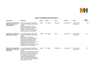 SELECT REPRESENTATIVE PROJECTS
                                                                                                                                                                Year
Project Name                    Description                                    Size / SF   Service       Type            Location          Client             Complete

Baldwin Hills Crenshaw Plaza    Construction Management (Agent) within         2,500sf     CM - Agency   Restaurant      Los Angeles, CA   The Wolf Group /        2012
Mall Renovation - Post &        the scope of the 30M renovation of BHCP                                                                    Capri Capital
Beam Restaurant                 including:
                                Post & Beam Restaurant: complete
                                demolition and renovation of an existing
                                building to become a new, botique
                                restaurant. Includes full interior remodel,
                                commercial kitchen, bar, and exterior.

Baldwin Hills Crenshaw Plaza    Construction Management (Agent) within         18,000sf    CM - Agency   Retail          Los Angeles, CA   The Wolf Group /        2011
Mall Renovation - Staples       the scope of the 30M renovation of BHCP                                                                    Capri Capital
                                including:
                                Staples: Ground up, build-to-suit,
                                construction of an 18,000sf Staples store.
                                Complete with the demolition of three
                                existing buildings on the BHCP Mall
                                property and all related site-work and site
                                improvements. Scope included the
                                management of the permitting / plan -check
                                process thru the City of Los Angeles


Baldwin Hills Crenshaw Plaza    Construction Management (Agent) within         60,000sf    CM - Agency   Entertainment   Los Angeles, CA   The Wolf Group /        2011
Mall Renovation - Rave Multi-   the scope of the 30M renovation of BHCP                                                                    Capri Capital
Plex Theatre                    including:
                                Rave Theatre: complete interior and exterior
                                renovation of an existing 60,000sf+ former
                                Magic Johnson Theatre into a state of the
                                art, 15 auditorium, multi-plex theatre
                                complete with digital technology, 3D
                                screens and the Rave Xtreme auditorium
                                format. The entire project was fast tracked
                                and completed in 4 months.
 