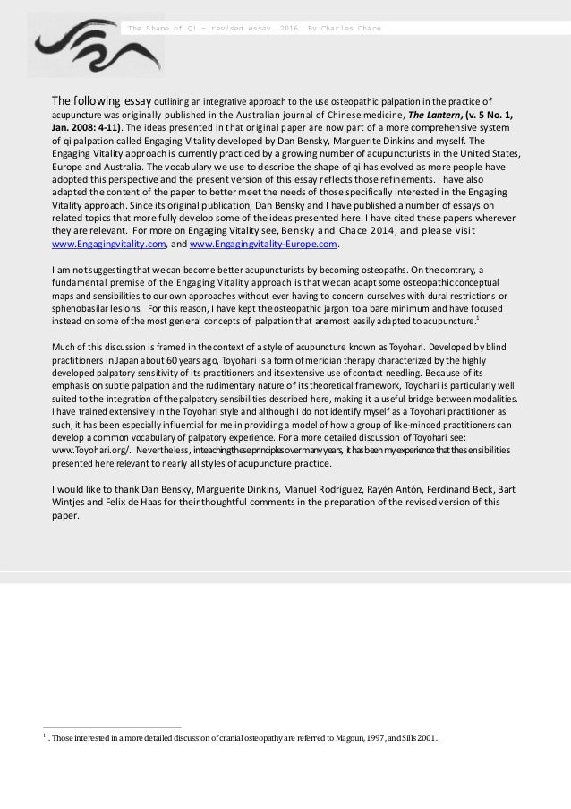 Shape Of Qi Charles Chace Revised Essay Feature The Lantern The Following Essay Outlining An Integrative Approach To The Use Osteopathic Palpation What Is The Thesis Of An Essay also Science Topics For Essays Writing Services Michigan