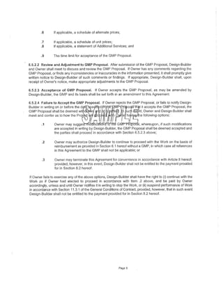Provisions to share the savings in the GMP have been deleted. One of the
benefits to the GMP approach is that CDM's good management combined
with Lee County Utility's support may result in the actual cost of the work
less than the GMP. CDM suggests that these savings could be a benefit to
both CDM and Lee County Utilities. At Lee County Utility's sole discretion,
these savings could be split at any percentage between the parties and/or
the savings to CDM may be capped at a fixed amount or a percentage of
the GMP.
 