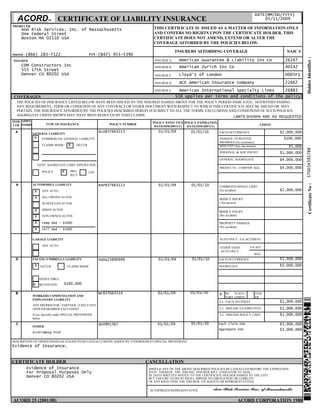 DATE(MM/DD/YYYY)
  ACORD                 TM     CERTIFICATE OF LIABILITY INSURANCE                                                                               05/11/2009
PRODUCER
      Aon Risk Services, Inc. of Massachusetts                                  THIS CERTIFICATE IS ISSUED AS A MATTER OF INFORMATION ONLY
      One Federal Street                                                        AND CONFERS NO RIGHTS UPON THE CERTIFICATE HOLDER. THIS
      Boston MA 02110 USA                                                       CERTIFICATE DOES NOT AMEND, EXTEND OR ALTER THE
                                                                                COVERAGE AFFORDED BY THE POLICIES BELOW.

                                                                                              INSURERS AFFORDING COVERAGE                                   NAIC #
PHONE -(866)       283-7122                        FAX - (847)   953-5390




                                                                                                                                                                                                                                                     Holder Identifier :
INSURED                                                                          INSURER A:    American Guarantee & Liability Ins Co                       26247
      CDM Constructors Inc                                                       INSURER B:    American Zurich Ins Co                                      40142
      555 17th Street
      Denver CO 80202 USA                                                        INSURER C:    Lloyd's of London                                           0005FI
                                                                                 INSURER D:    ACE American Insurance Company                              22667
                                                                                 INSURER E:     American International Specialty Lines    26883
 COVERAGES                                                                                    SIR applies per terms and conditions of the policy
  THE POLICIES OF INSURANCE LISTED BELOW HAVE BEEN ISSUED TO THE INSURED NAMED ABOVE FOR THE POLICY PERIOD INDICATED. NOTWITHSTANDING
  ANY REQUIREMENT, TERM OR CONDITION OF ANY CONTRACT OR OTHER DOCUMENT WITH RESPECT TO WHICH THIS CERTIFICATE MAY BE ISSUED OR MAY
  PERTAIN, THE INSURANCE AFFORDED BY THE POLICIES DESCRIBED HEREIN IS SUBJECT TO ALL THE TERMS, EXCLUSIONS AND CONDITIONS OF SUCH POLICIES.
  AGGREGATE LIMITS SHOWN MAY HAVE BEEN REDUCED BY PAID CLAIMS.                                               LIMITS SHOWN ARE AS REQUESTED
INSR ADD'L                                                                      POLICY EFFECTIVE POLICY EXPIRATION
LTR INSRD             TYPE OF INSURANCE                      POLICY NUMBER                                                                      LIMITS
                                                                                 DATE(MMDDYY)   DATE(MMDDYY)
 A                                                       GLO837663213              01/01/09          01/01/10        EACH OCCURRENCE                     $2,000,000
             GENERAL LIABILITY
              X     COMMERCIAL GENERAL LIABILITY                                                                     DAMAGE TO RENTED                     $100,000
                                                                                                                     PREMISES (Ea occurence)
                    CLAIMS MADE      X     OCCUR                                                                     MED EXP (Any one person)                 $5,000




                                                                                                                                                                                                                                          570034391788
                                                                                                                     PERSONAL & ADV INJURY               $1,000,000
                                                                                                                     GENERAL AGGREGATE                   $4,000,000
                  GEN'L AGGREGATE LIMIT APPLIES PER:
                                                                                                                     PRODUCTS - COMP/OP AGG              $4,000,000
                    POLICY       X    PRO-         LOC
                                      JECT


  A




                                                                                                                                                                                                                                                               Certificate No :
             AUTOMOBILE LIABILITY                        BAP837663113              01/01/09          01/01/10        COMBINED SINGLE LIMIT
              X     ANY AUTO                                                                                         (Ea accident)                       $2,000,000

              X     ALL OWNED AUTOS
                                                                                                                     BODILY INJURY
                    SCHEDULED AUTOS                                                                                  ( Per person)

              X     HIRED AUTOS
                                                                                                                     BODILY INJURY
              X     NON OWNED AUTOS                                                                                  (Per accident)

              X     Comp ded - $1000                                                                                 PROPERTY DAMAGE
                                                                                                                     (Per accident)
              X     Coll ded - $1000


             GARAGE LIABILITY                                                                                        AUTO ONLY - EA ACCIDENT

                    ANY AUTO                                                                                                             EA ACC
                                                                                                                     OTHER THAN
                                                                                                                     AUTO ONLY :
                                                                                                                                           AGG
  D          EXCESS /UMBRELLA LIABILITY                  XOOG23890999              01/01/09          01/01/10        EACH OCCURRENCE                     $5,000,000
              X    OCCUR             CLAIMS MADE                                                                     AGGREGATE                           $5,000,000


                   DEDUCTIBLE
             X     RETENTION      $100,000

 B                                                       WC837663314               01/01/09          01/01/10        X   WC STATU-          OTH-
             WORKERS COMPENSATION AND                                                                                    TORY LIMITS        ER


                                                                                                                                                                       7777777707070700077763616065553330770615577204545607750335553636012073743557265033100766661624147575007475507737035555072610110606311130756641537667451607166237572076330077727252025773110777777707000707007
                                                                                                                                                                       6666666606060600062606466204446200622200604204200006002026262040220062200240620400200620220626204020006220204262062000062222062400420020620000606226022006220224262002400066646062240664440666666606000606006
             EMPLOYERS' LIABILITY
                                                                                                                     E.L. EACH ACCIDENT                  $1,000,000
             ANY PROPRIETOR / PARTNER / EXECUTIVE
             OFFICER/MEMBER EXCLUDED?                                                                                E.L. DISEASE-EA EMPLOYEE            $1,000,000
             If yes, describe under SPECIAL PROVISIONS                                                               E.L. DISEASE-POLICY LIMIT           $1,000,000
             below
  C                                                      QK0901367                01/01/09           01/01/10        Each Claim USD                      $3,000,000
             OTHER
                                                                                                                     Aggregate USD                       $3,000,000
             Archit&Eng Prof

DESCRIPTION OF OPERATIONS/LOCATIONS/VEHICLES/EXCLUSIONS ADDED BY ENDORSEMENT/SPECIAL PROVISIONS
Evidence of Insurance.


CERTIFICATE HOLDER                                                           CANCELLATION
       Evidence of Insurance                                                  SHOULD ANY OF THE ABOVE DESCRIBED POLICIES BE CANCELLED BEFORE THE EXPIRATION
       For Proposal Purposes Only                                             DATE THEREOF, THE ISSUING INSURER WILL ENDEAVOR TO MAIL
       Denver CO 80202 USA                                                    30 DAYS WRITTEN NOTICE TO THE CERTIFICATE HOLDER NAMED TO THE LEFT,
                                                                              BUT FAILURE TO DO SO SHALL IMPOSE NO OBLIGATION OR LIABILITY
                                                                              OF ANY KIND UPON THE INSURER, ITS AGENTS OR REPRESENTATIVES.

                                                                              AUTHORIZED REPRESENTATIVE


ACORD 25 (2001/08)                                                                                                              ACORD CORPORATION 1988
 