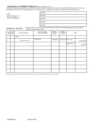 Attachment to ACORD Certificate for CDM                       Constructors Inc
 The terms, conditions and provisions noted below are hereby attached to the captioned certificate as additional description of the coverage
afforded by the insurer(s). This attachment does not contain all terms, conditions, coverages or exclusions contained in the policy.

                                                             INSURER
INSURED
 CDM Constructors Inc                                        INSURER
 555 17th Street
 Denver CO 80202 USA                                         INSURER

                                                             INSURER

                                                             INSURER

                                   If a policy below does not include limit information, refer to the corresponding policy on the ACORD
ADDITIONAL POLICIES
                                   certificate form for policy limits.
                                                                                    POLICY          POLICY
          ADD'L                                           POLICY NUMBER
  INSR                                                                             EFFECTIVE      EXPIRATION
          INSRD       TYPE OF INSURANCE                 POLICY DESCRIPTION                                               LIMITS
  LTR                                                                                 DATE           DATE


                  OTHER

                                                   CPO1213030                      01/01/09       01/01/10 Each Loss
 E                        Contractor Poll                                                                                         $20,000,000

                                                                                                               SIR/Deductib
                                                                                                               le                    $500,000




DESCRIPTION OF OPERATIONS/LOCATIONS/VEHICLES/EXCLUSIONS ADDED BY ENDORSEMENT/SPECIAL PROVISIONS




 Certificate No :                     570034391788
 