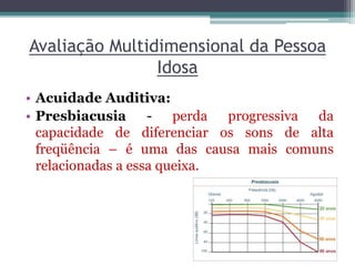 Avaliação Multidimensional da Pessoa
Idosa
• Acuidade Auditiva:
• Presbiacusia - perda progressiva da
capacidade de diferenciar os sons de alta
freqüência – é uma das causa mais comuns
relacionadas a essa queixa.
 