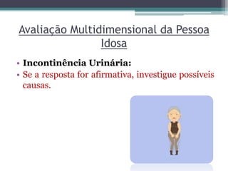 Avaliação Multidimensional da Pessoa
Idosa
• Incontinência Urinária:
• Se a resposta for afirmativa, investigue possíveis
causas.
 