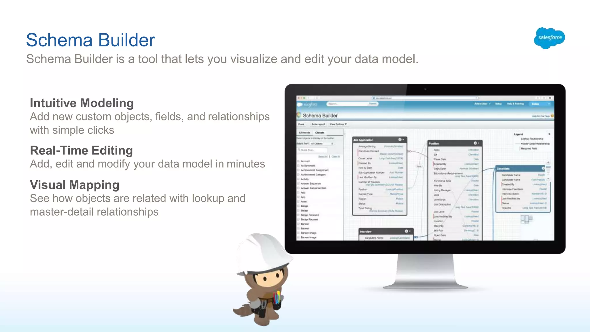 Schema Builder
Schema Builder is a tool that lets you visualize and edit your data model.
Intuitive Modeling
Add new custom objects, fields, and relationships
with simple clicks
Real-Time Editing
Add, edit and modify your data model in minutes
Visual Mapping
See how objects are related with lookup and
master-detail relationships
 