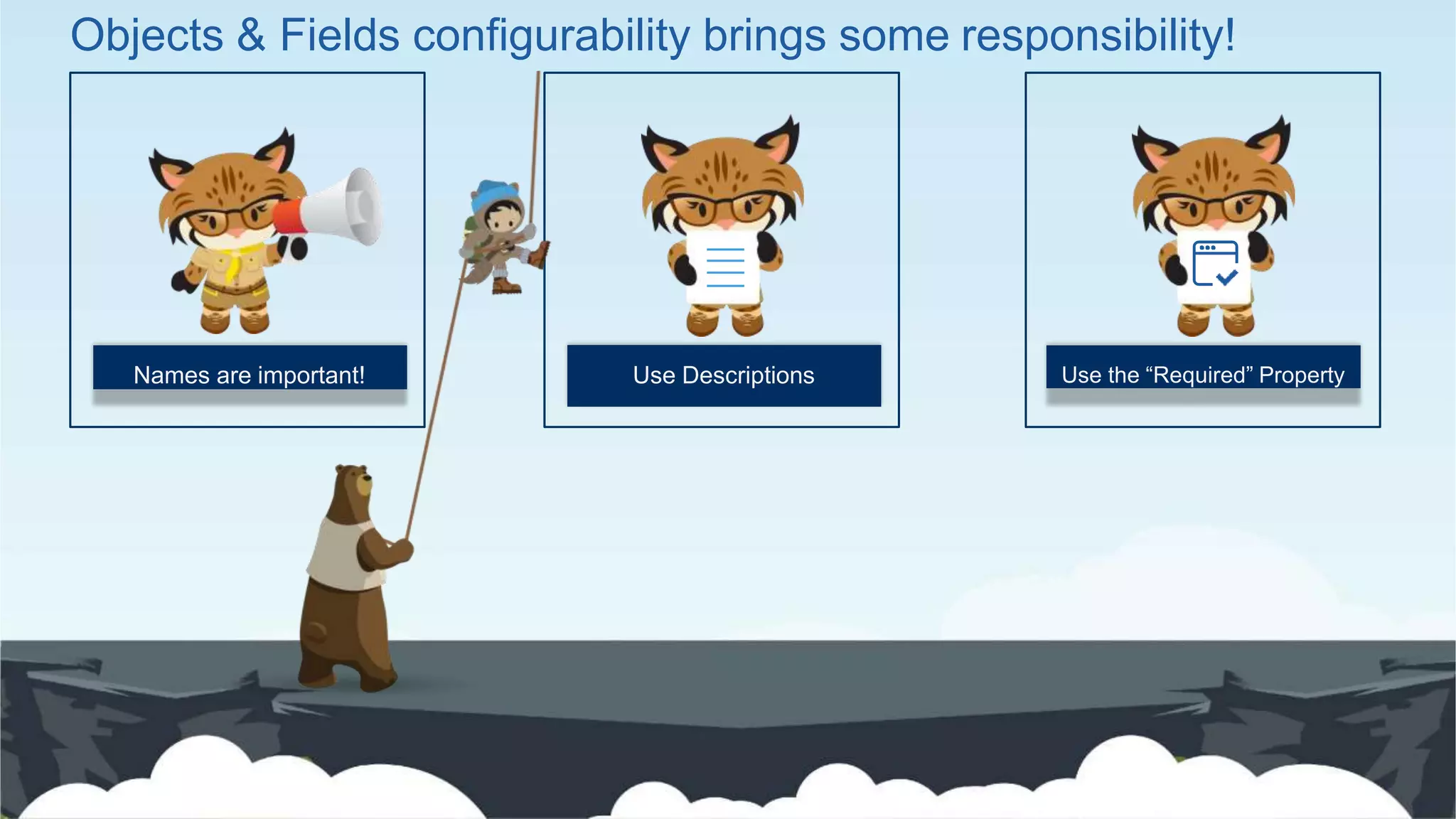 Use Descriptions Use the “Required” PropertyNames are important!
Objects & Fields configurability brings some responsibility!
 
