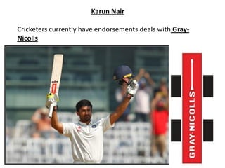 Karun Nair
Cricketers currently have endorsements deals with Gray-
Nicolls
 