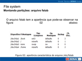 File system
Montando partições: arquivo fstab


  O arquivo fstab tem a aparência que pode-se observar na
  figura                    02                    abaixo:




        Figura 02: aparência característica do arquivo /etc/fstab
 