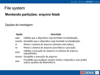 File system
Montando partições: arquivo fstab


Opções de montagem:
 