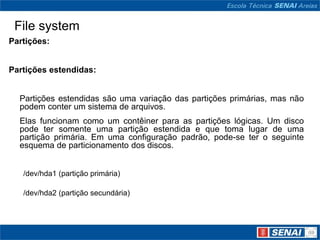 File system
Partições:


Partições estendidas:


  Partições estendidas são uma variação das partições primárias, mas não
  podem conter um sistema de arquivos.
  Elas funcionam como um contêiner para as partições lógicas. Um disco
  pode ter somente uma partição estendida e que toma lugar de uma
  partição primária. Em uma configuração padrão, pode-se ter o seguinte
  esquema de particionamento dos discos.


   /dev/hda1 (partição primária)

   /dev/hda2 (partição secundária)
 