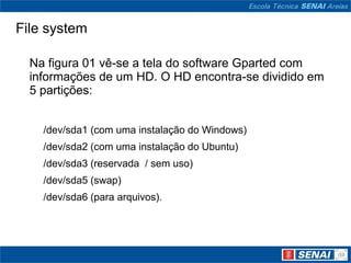 File system

  Na figura 01 vê-se a tela do software Gparted com
  informações de um HD. O HD encontra-se dividido em
  5 partições:


    /dev/sda1 (com uma instalação do Windows)
    /dev/sda2 (com uma instalação do Ubuntu)
    /dev/sda3 (reservada / sem uso)
    /dev/sda5 (swap)
    /dev/sda6 (para arquivos).
 