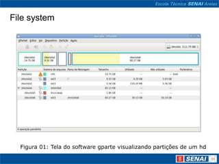 File system




  Figura 01: Tela do software gparte visualizando partições de um hd
 