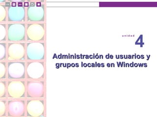 u n i d a d 4
© MACMILLAN Profesional
Administración de usuarios yAdministración de usuarios y
grupos locales en Windowsgrupos locales en Windows
u n i d a d
4
 