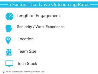 5 Factors That Drive Outsourcing Rates
Location
Team Size
Seniority / Work Experience
Tech Stack
Length of Engagement
THE 2018 GUIDE TO GLOBAL SOFTWARE OUTSOURCING RATES
 
