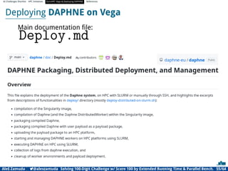 AI Challenges Shortlist HPC Initiatives EuroHPC Vega ,Deploying DAPHNE References
Deploying DAPHNE on Vega
Main documentation ﬁle:
Deploy.md
Aleš Zamuda 7@aleszamuda Solving 100-Digit Challenge w/ Score 100 by Extended Running Time  Parallel Bench. 55/64
 