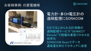 お客様事例: 日置電機様
５分ではじめられる計測器の
遠隔監視サービス“GENNECT
Remote“で現場の業務プロセスを
効率化
SORACOM Beamでデータ
通信量を抑えてセキュアに送信
電力計・多CH電圧計の
遠隔監視にSORACOM
 