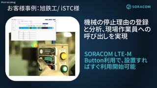 #soracomug
お客様事例：旭鉄工/ iSTC様
SORACOM LTE-M
Button利用で、設置すれ
ばすぐ利用開始可能
機械の停止理由の登録
と分析、現場作業員への
呼び出しを実現
 