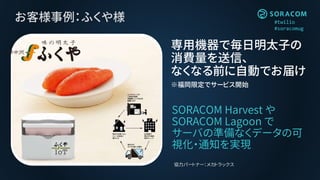 #twilio
#soracomug
お客様事例：ふくや様
SORACOM Harvest や
SORACOM Lagoon で
サーバの準備なくデータの可
視化・通知を実現
専用機器で毎日明太子の
消費量を送信、
なくなる前に自動でお届け
※福岡限定でサービス開始
協力パートナー：メカトラックス
 
