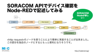 SORACOM APIでデバイス確認を
Node-REDで記述してみる
<http request>のノードを使うことにより簡単に実装することが出来ました。
この部分を独自のノードにするともっと便利になりそうです。
http://nodered.org/
SORACOM
Nodeが欲し
い！
 