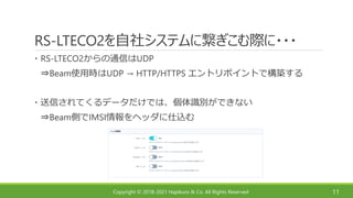 Copyright © 2018-2021 Hapikuro & Co. All Rights Reserved
RS-LTECO2を自社システムに繋ぎこむ際に・・・
11
・RS-LTECO2からの通信はUDP
⇒Beam使用時はUDP → HTTP/HTTPS エントリポイントで構築する
・送信されてくるデータだけでは、個体識別ができない
⇒Beam側でIMSI情報をヘッダに仕込む
 