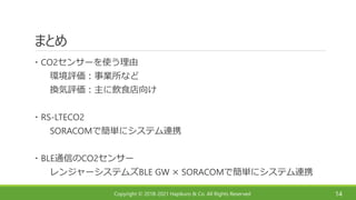 Copyright © 2018-2021 Hapikuro & Co. All Rights Reserved
まとめ
14
・CO2センサーを使う理由
環境評価：事業所など
換気評価：主に飲食店向け
・RS-LTECO2
SORACOMで簡単にシステム連携
・BLE通信のCO2センサー
レンジャーシステムズBLE GW × SORACOMで簡単にシステム連携
 