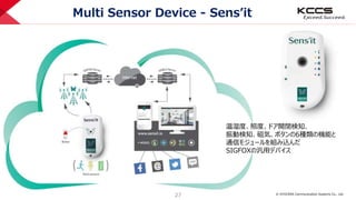 © KYOCERA Communication Systems Co., Ltd.
27
Multi Sensor Device - Sens’it
温湿度、照度、ドア開閉検知、
振動検知、磁気、ボタンの6種類の機能と
通信モジュールを組み込ん...