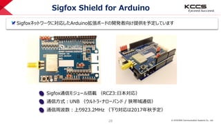 © KYOCERA Communication Systems Co., Ltd.
28
Sigfox Shield for Arduino
Sigfox通信モジュール搭載 （RCZ3:日本対応）
通信方式：UNB （ウルトラ・ナローバンド /...