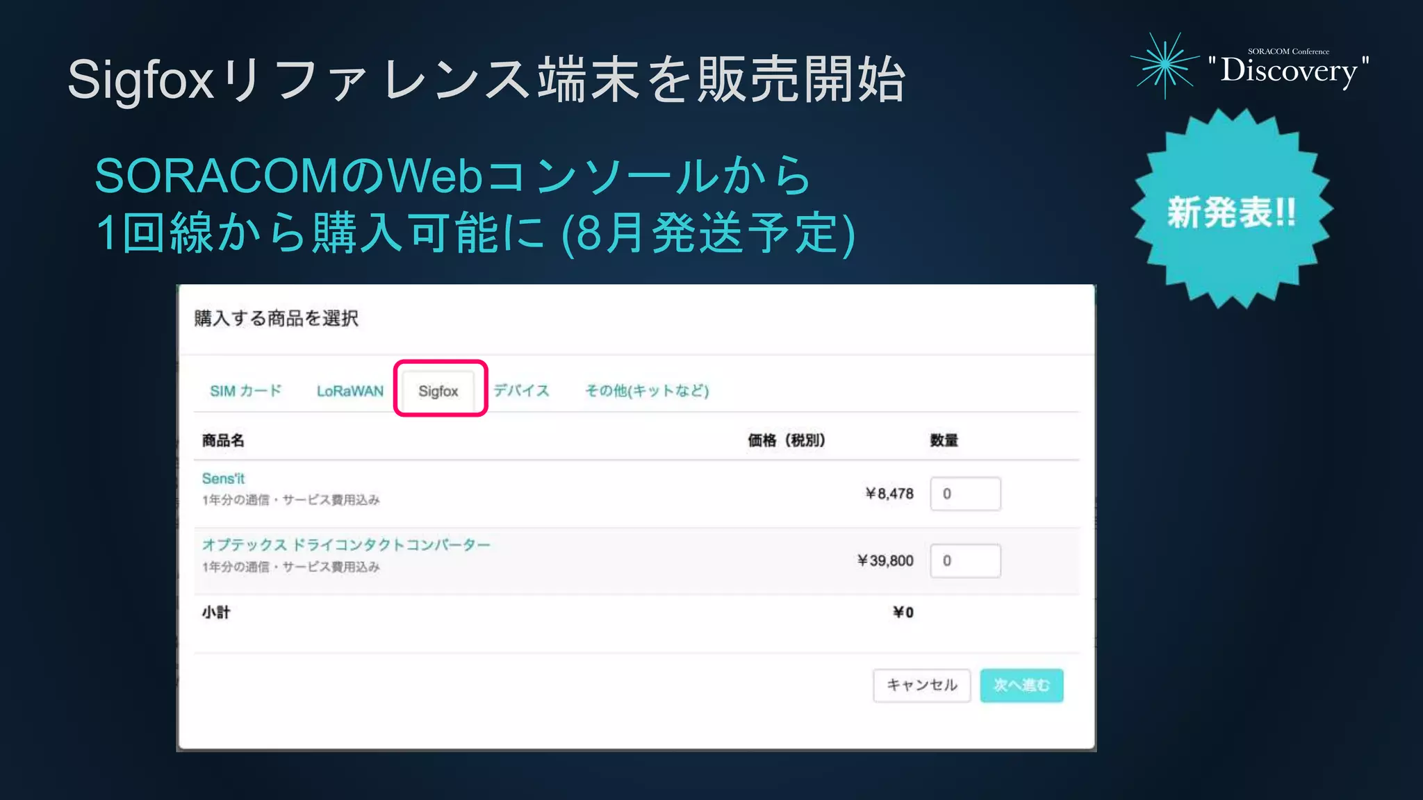 Sigfoxリファレンス端末を販売開始
SORACOMのWebコンソールから
1回線から購入可能に (8月発送予定)
 