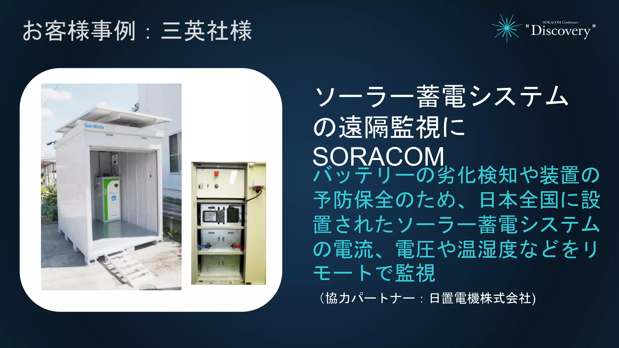 お客様事例：三英社様
バッテリーの劣化検知や装置の
予防保全のため、日本全国に設
置されたソーラー蓄電システム
の電流、電圧や温湿度などをリ
モートで監視
ソーラー蓄電システム
の遠隔監視に
SORACOM
（協力パートナー：日置電機株式会社)
 