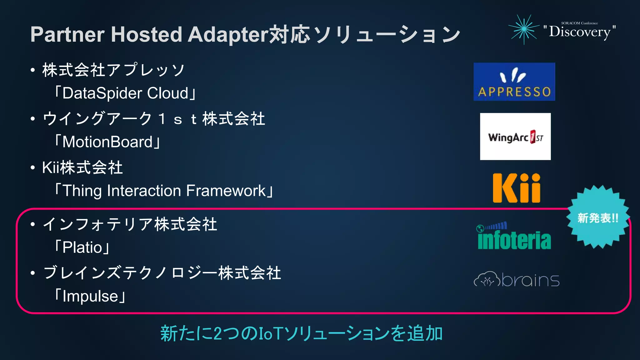 • 株式会社アプレッソ
「DataSpider Cloud」
• ウイングアーク１ｓｔ株式会社
「MotionBoard」
• Kii株式会社
「Thing Interaction Framework」
• インフォテリア株式会社
「Platio」
• ブレインズテクノロジー株式会社
「Impulse」
Partner Hosted Adapter対応ソリューション
新たに2つのIoTソリューションを追加
 