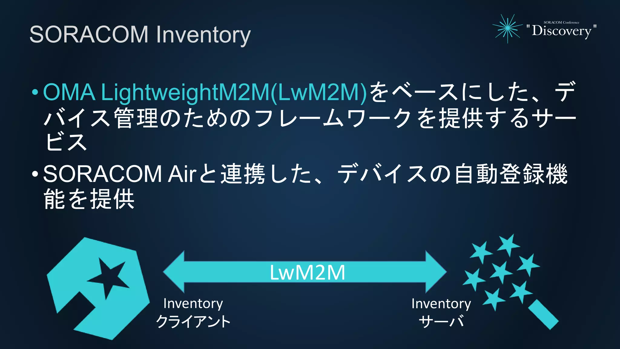 •OMA LightweightM2M(LwM2M)をベースにした、デ
バイス管理のためのフレームワークを提供するサー
ビス
•SORACOM Airと連携した、デバイスの自動登録機
能を提供
SORACOM Inventory
Inventory
クライアント
Inventory
サーバ
LwM2M
 