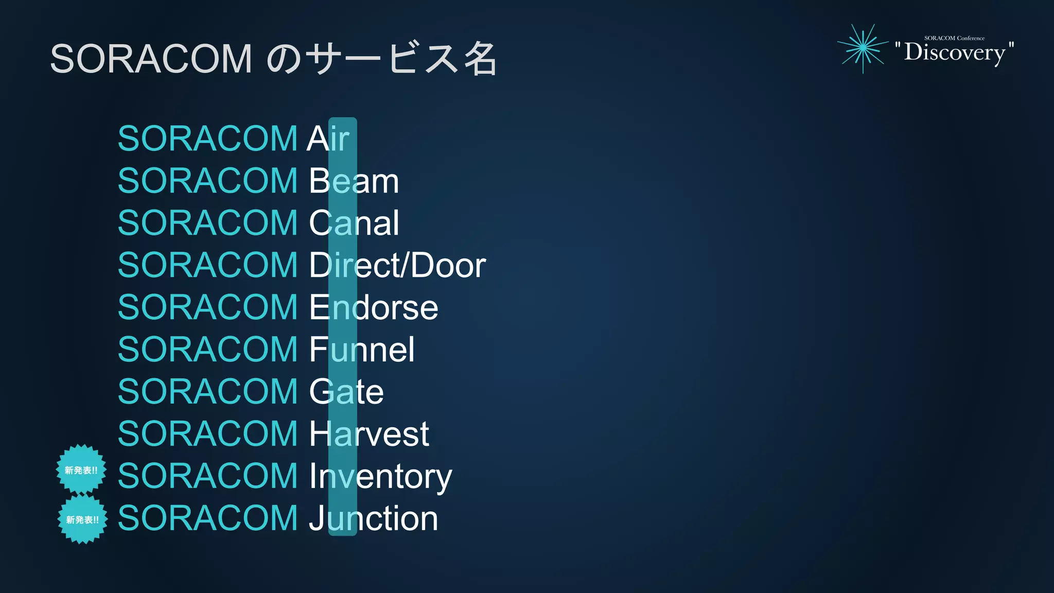 SORACOM Air
SORACOM Beam
SORACOM Canal
SORACOM Direct/Door
SORACOM Endorse
SORACOM Funnel
SORACOM Gate
SORACOM Harvest
SORACOM Inventory
SORACOM Junction
SORACOM のサービス名
 