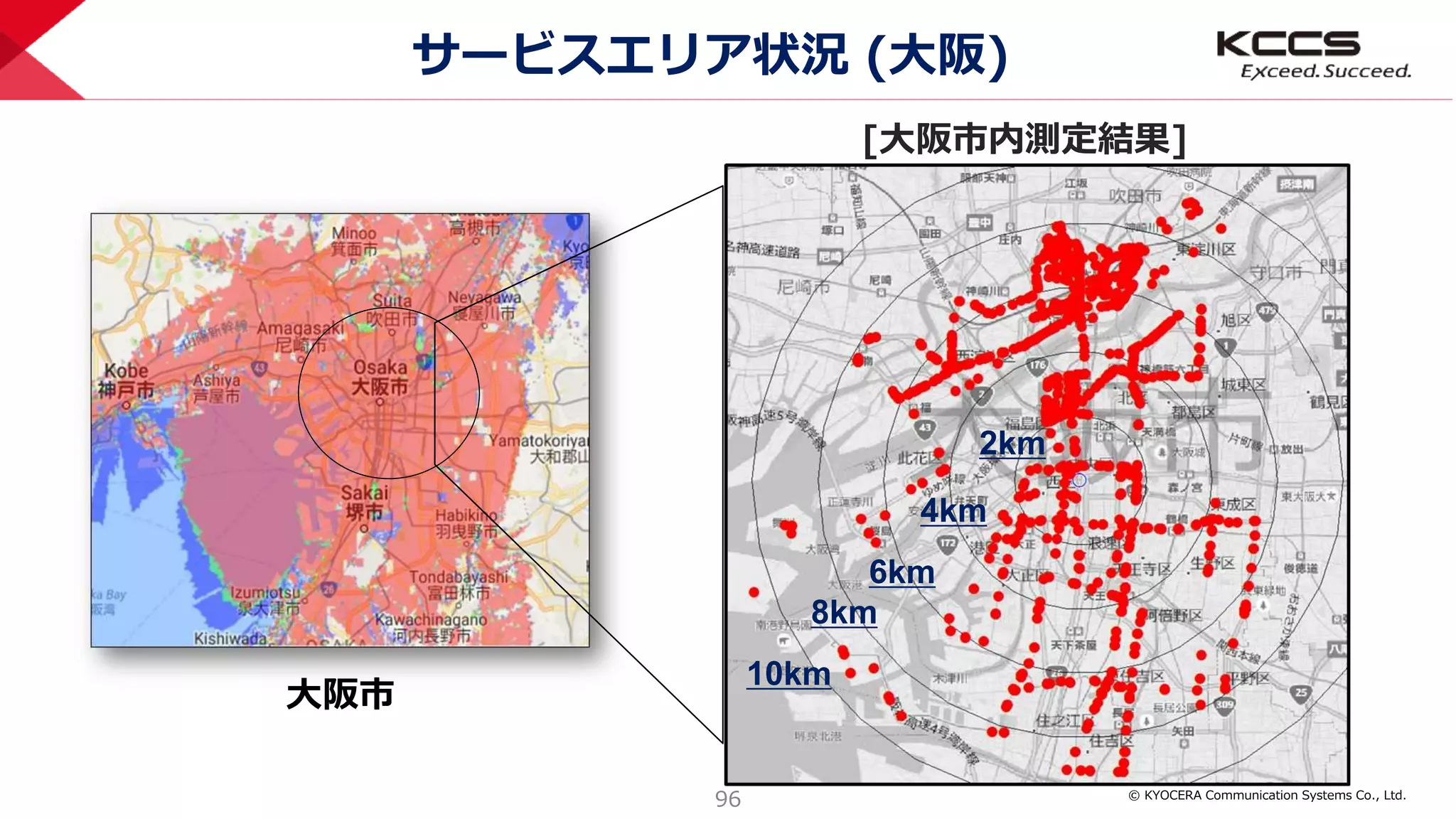 © KYOCERA Communication Systems Co., Ltd.
96
サービスエリア状況 (大阪)
2km
4km
6km
8km
10km
[大阪市内測定結果]
大阪市
 