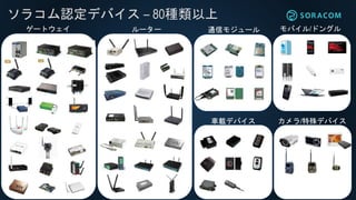 ソラコム認定デバイス – 80種類以上
ゲートウェイ ルーター 通信モジュール モバイル/ドングル
車載デバイス カメラ/特殊デバイス
 