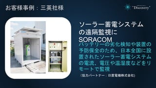 お客様事例：三英社様
バッテリーの劣化検知や装置の
予防保全のため、日本全国に設
置されたソーラー蓄電システム
の電流、電圧や温湿度などをリ
モートで監視
ソーラー蓄電システム
の遠隔監視に
SORACOM
（協力パートナー：日置電機株式会社)
 