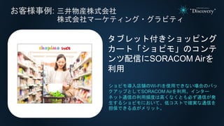 お客様事例: 三井物産株式会社
株式会社マーケティング・グラビティ
タブレット付きショッピング
カート「ショピモ」のコンテ
ンツ配信にSORACOM Airを
利用
ショピモ導入店舗のWi-Fiを使用できない場合のバッ
クアップとしてSORACOM Airを利用。インター
ネット通信の利用頻度は高くなくとも必ず通信が発
生するショピモにおいて、低コストで確実な通信を
担保できる点がメリット。
 