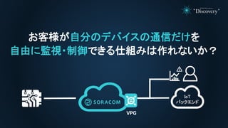 お客様が自分のデバイスの通信だけを
自由に監視・制御できる仕組みは作れないか？
IoT
バックエンド
VPG
 
