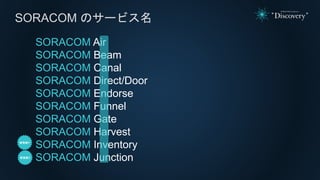 SORACOM Air
SORACOM Beam
SORACOM Canal
SORACOM Direct/Door
SORACOM Endorse
SORACOM Funnel
SORACOM Gate
SORACOM Harvest
SORACOM Inventory
SORACOM Junction
SORACOM のサービス名
 