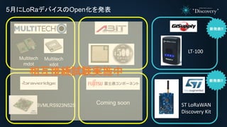 5月にLoRaデバイスのOpen化を発表
Multitech
mdot
Multitech
xdot
BVMLRS923N52S Coming soon
LT-100
ST LoRaWAN
Discovery Kit
相互接続試験実施中
 
