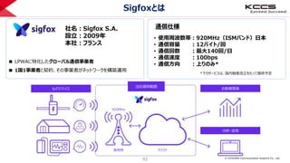 © KYOCERA Communication Systems Co., Ltd.
92
Sigfoxとは
IoTデバイス
当社提供範囲
お客様環境
分析・活用
クラウド基地局
920MHz
通信仕様
• 使用周波数帯：920MHz（ISMバンド）日本
• 通信容量 ：12バイト/回
• 通信回数 ：最大140回/日
• 通信速度 ：100bps
• 通信方向 ：上りのみ*
*下りサービスは、国内制度改正をもって提供予定
■ LPWAに特化したグローバル通信事業者
■ 1国1事業者と契約、その事業者がネットワークを構築運用
社名：Sigfox S.A.
設立：2009年
本社：フランス
 