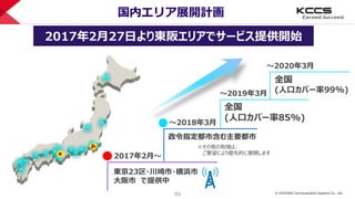 © KYOCERA Communication Systems Co., Ltd.
94
国内エリア展開計画
東京23区・川崎市・横浜市
大阪市 で提供中
～2018年3月
政令指定都市含む主要都市
～2019年3月
全国
(人口カバー率85%)
全国
(人口カバー率99%)
～2020年3月
※その他の地域は、
ご要望により優先的に展開します
2017年2月～
2017年2月27日より東阪エリアでサービス提供開始
 